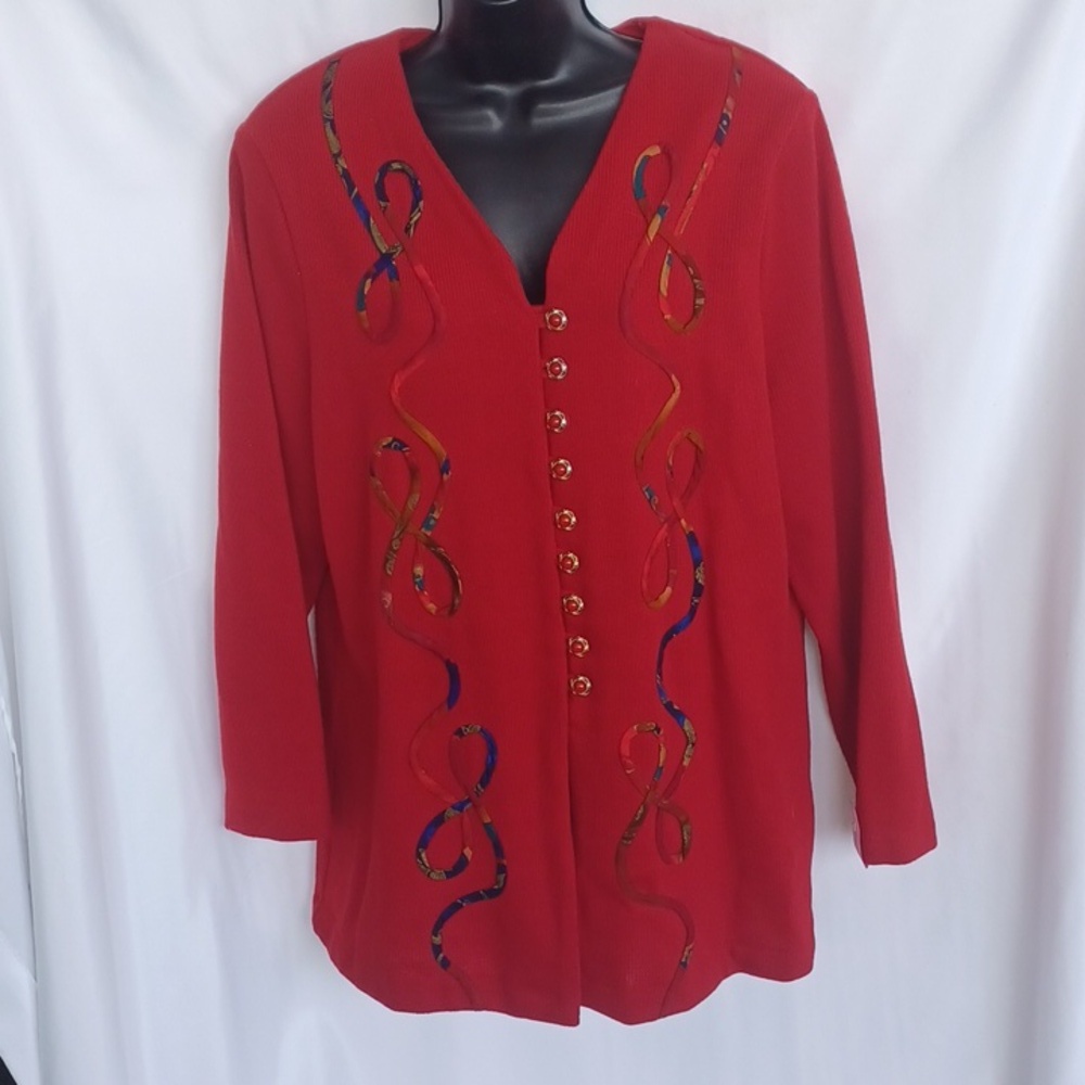 VTG Matthew & David 80s Red Applique pearl buttons jacket - Sz 18W, 25" PTP 29"L